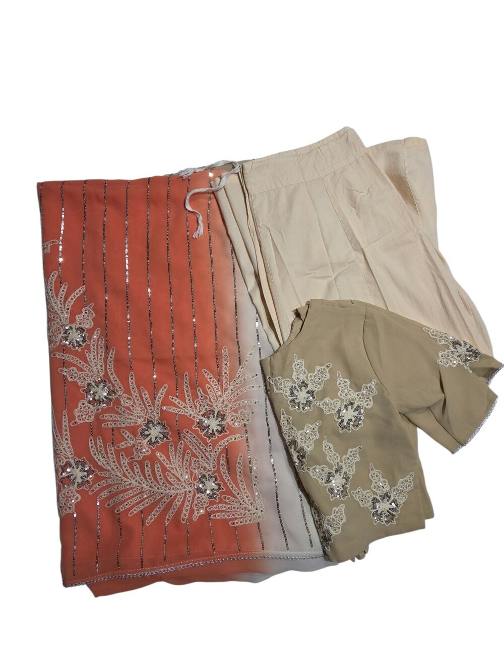 Indian Sari Coral Pink Beige Cream Ombre Chiffon w/ Embellished Choli